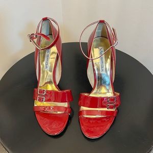 Via Spiga Red Patent Leather Peep Toe Heels Pumps Sandals Size 6